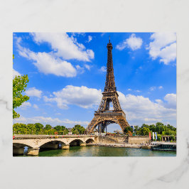 Postal Festiva Con Relieve Metalizado París, la Torre Eiffel y el río Sena, Francia.