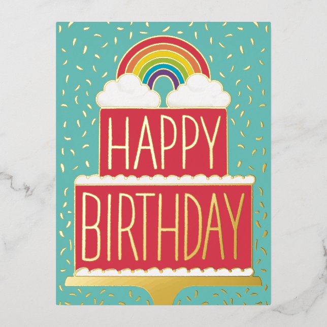 Postal Festiva Con Relieve Metalizado Pastel de arcoiris Feliz cumpleaños oro (Anverso)
