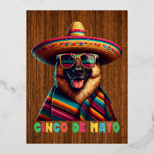 Postal Festiva Con Relieve Metalizado Pastor Alemán Cinco De Mayo Con Poncho Sombrero