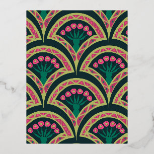 Postal Festiva Con Relieve Metalizado Patrón de abanico floral rosa y verde