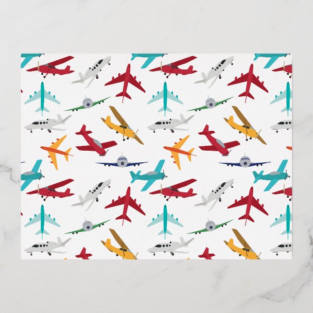 Postal Festiva Con Relieve Metalizado Patrón de aviones coloridos (Anverso)