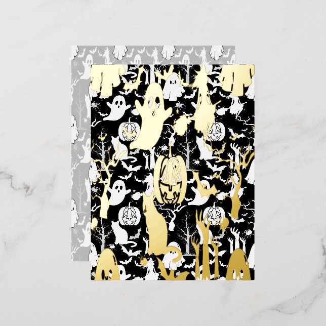 Postal Festiva Con Relieve Metalizado Patrón de Halloween. Sombrío y lindo.b Negro BG (Anverso/Reverso)