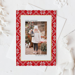 Postal Festiva Con Relieve Metalizado Patrón de punto rojo Fair Isle Foto Navidad