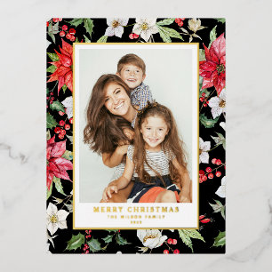 Postal Festiva Con Relieve Metalizado Patrón floral de invierno Foto de Navidad negra