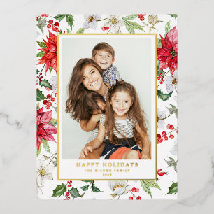 Postal Festiva Con Relieve Metalizado Patrón floral festivo de Navidad de invierno Foto