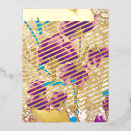 Postal Festiva Con Relieve Metalizado Patrón floral vibrante con color púrpura y azul de