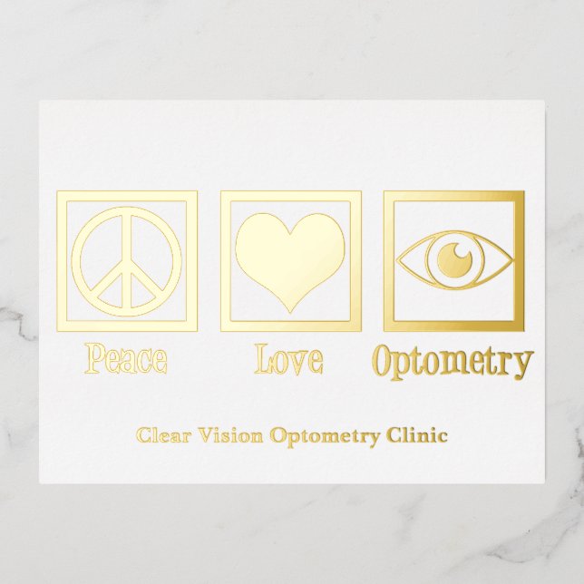 Postal Festiva Con Relieve Metalizado Paz Amor Optometría Personalizado Ojo Médica Oro (Anverso)
