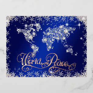 Postal Festiva Con Relieve Metalizado Paz Mundial Azul y Diamantes