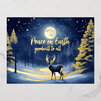 Postal Festiva Con Relieve Metalizado Paz Nieve Bosque Invernal Luna Llena y Ciervo
