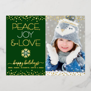 Postal Festiva Con Relieve Metalizado Paz Verde Alegría Amor Foto Copo de Nieve Oro Real