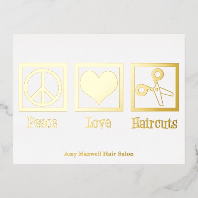 Postal Festiva Con Relieve Metalizado Peace Love Hairlows Personalizado Hair Stylist Sal (Anverso)