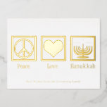 Postal Festiva Con Relieve Metalizado Peace Love Hanukkah Personalizado Elegant Gold<br><div class="desc">Una elegante postal de Peace Love Hanukkah para una persona judía a la que le gusta celebrar Chanukah. Una señal de paz de bonito,  corazón,  y una hermosa menorah encima de tu texto personalizado en hermosas postales.</div>