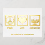 Postal Festiva Con Relieve Metalizado Peace Love Hanukkah Personalizado Elegant Gold<br><div class="desc">Una elegante postal de Peace Love Hanukkah para una persona judía a la que le gusta celebrar Chanukah. Una señal de paz de bonito,  corazón,  y una hermosa menorah encima de tu texto personalizado en hermosas postales.</div>