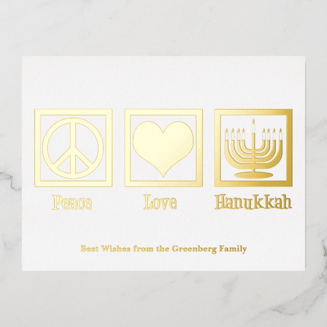 Postal Festiva Con Relieve Metalizado Peace Love Hanukkah Personalizado Elegant Gold (Anverso)