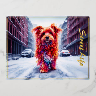 Postal Festiva Con Relieve Metalizado Perro sin hogar en una velada urbana fría y nevada