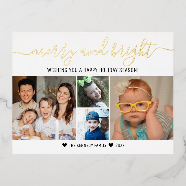 Postal Festiva Con Relieve Metalizado Personalizado 4 Collage de fotos Oro Feliz Navidad (Anverso)