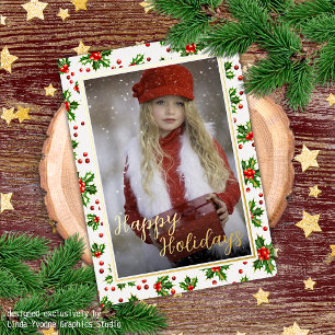 Postal Festiva Con Relieve Metalizado Personalizado Classic Green Holly Red Berries Gold