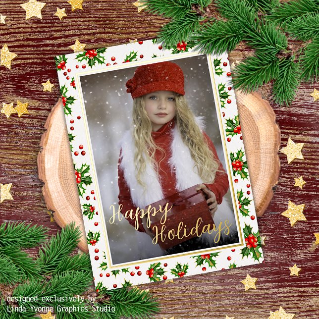 Postal Festiva Con Relieve Metalizado Personalizado Classic Green Holly Red Berries Gold (Subido por el creador)