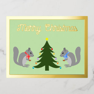 Postal Festiva Con Relieve Metalizado Personalizado de ardillas decoradoras de árbol de 
