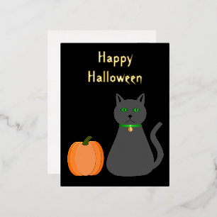 Postal Festiva Con Relieve Metalizado Personalizado de gatos y calabazas de Halloween