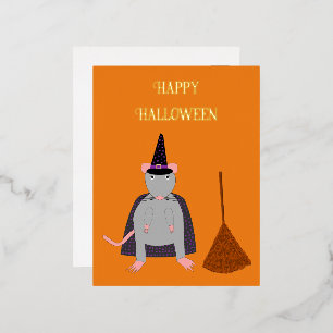 Postal Festiva Con Relieve Metalizado Personalizado de Halloween Witch Rat and Broom