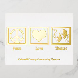 Postal Festiva Con Relieve Metalizado Personalizado de la Compañía de Teatro Peace Love 