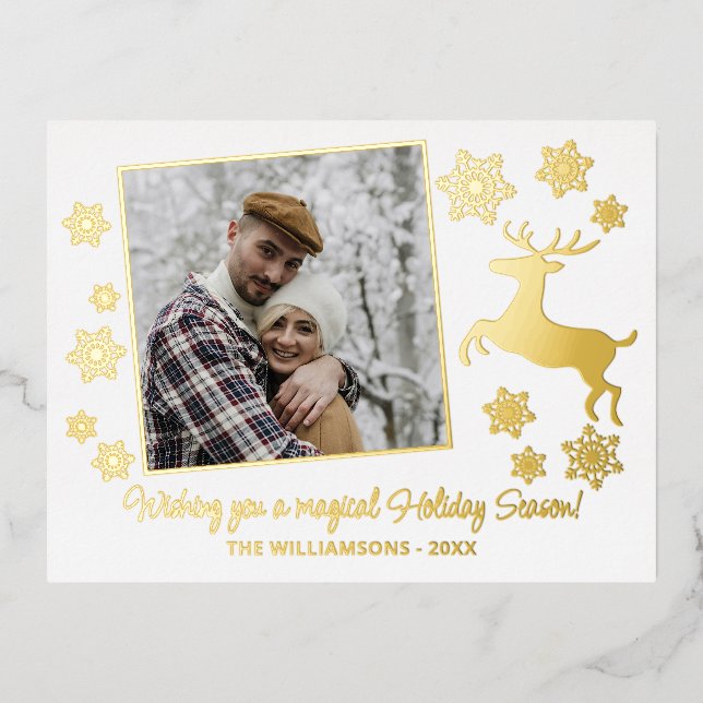 Postal Festiva Con Relieve Metalizado Personalizado Gold Deer & Snowflakes Gold (Anverso)