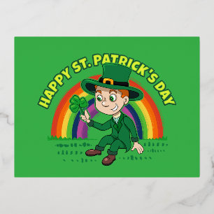 Postal Festiva Con Relieve Metalizado Personalizado lindo leprechaun con shamrock y arco