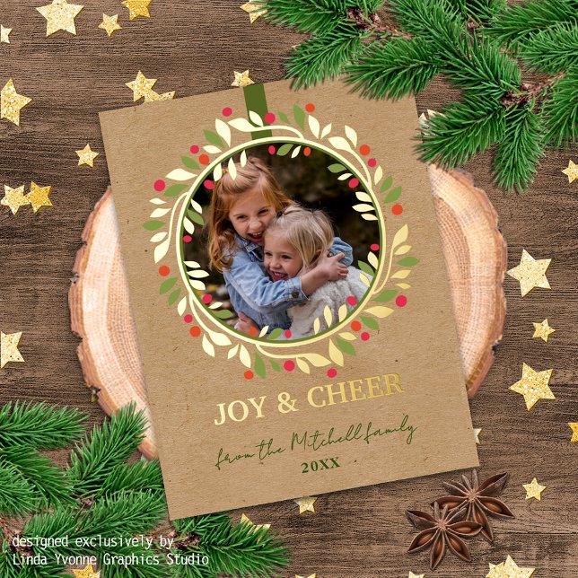 Postal Festiva Con Relieve Metalizado Personalizado Red Berries Green Leyes Wreath Gold (Subido por el creador)