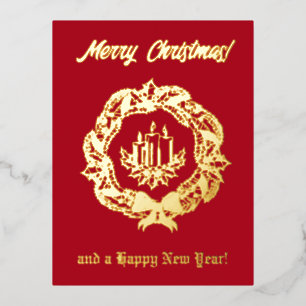 Postal Festiva Con Relieve Metalizado Personalizado rojo y oro Mensajes de texto Velas d