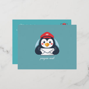 Postal Festiva Con Relieve Metalizado pingüino