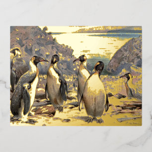 Postal Festiva Con Relieve Metalizado Pingüinos en Antártida ilustración vintage de la n