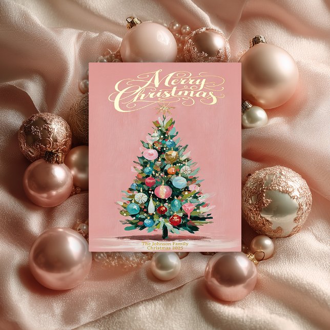 Postal Festiva Con Relieve Metalizado Pink Velvet Christmas Tree Foil Holiday Postcard (Blush Pink Foil Christmas Tree Postcard )