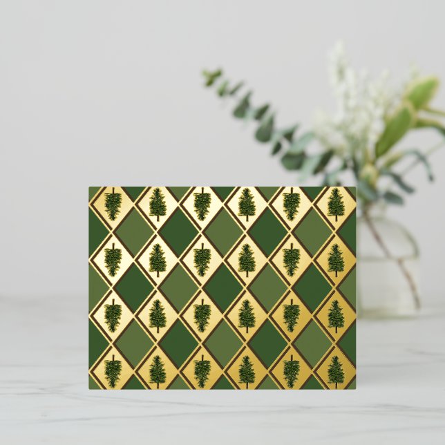 Postal Festiva Con Relieve Metalizado Pinos y la postal del Relieve metalizado Harlequin (Anverso de pie)