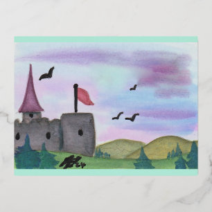 Postal Festiva Con Relieve Metalizado Pintado de color de agua Fantasy Fortress Castle A