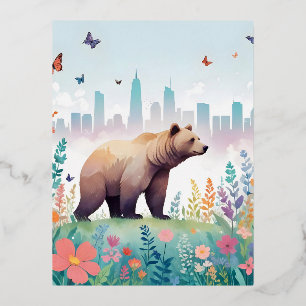 Postal Festiva Con Relieve Metalizado Pintado de la Ciudad Forestal de los Animales Vint