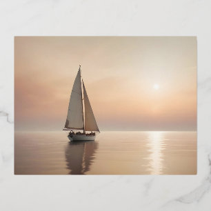 Postal Festiva Con Relieve Metalizado Pintoresco paisaje Vela Fondo del Sol