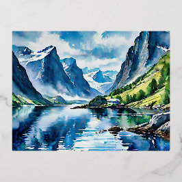 Postal Festiva Con Relieve Metalizado Pintura de acuarela del paisaje fiordo