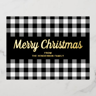 Postal Festiva Con Relieve Metalizado Plaids Negros Y Blancos Escritura Navidad Oro
