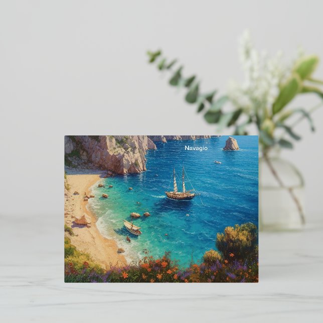 Postal Festiva Con Relieve Metalizado Playa de Grecia (Anverso de pie)