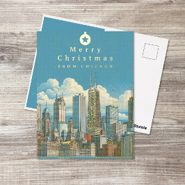 Postal Festiva Con Relieve Metalizado Postal de Navidad con lámina de Chicago Skyline