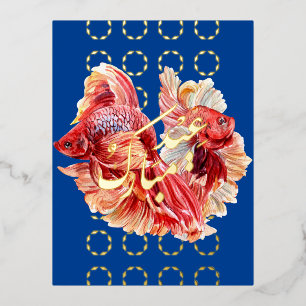Postal Festiva Con Relieve Metalizado Postal de Relieve metalizado de pez dorado de dobl