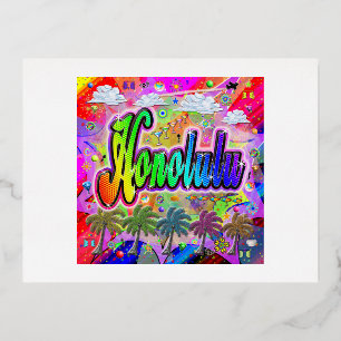 Postal Festiva Con Relieve Metalizado Postcard Honolulu Vista Express