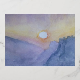 Postal Festiva Con Relieve Metalizado Póster de puesta de sol entre montañas