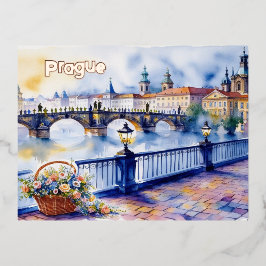 Postal Festiva Con Relieve Metalizado Praga - Sketch de acuarela de la República Checa |