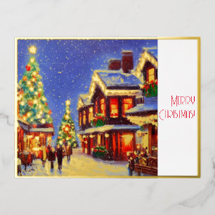 Postal Festiva Con Relieve Metalizado Pueblo en Navidad con gente y adornos