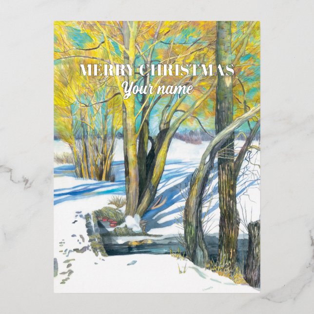 Postal Festiva Con Relieve Metalizado Puente en invierno Watercoling (Anverso)