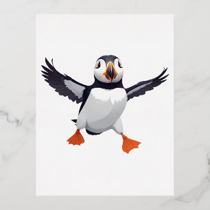 Postal Festiva Con Relieve Metalizado Puffin Happy Playful Jumping En La Selva Aérea