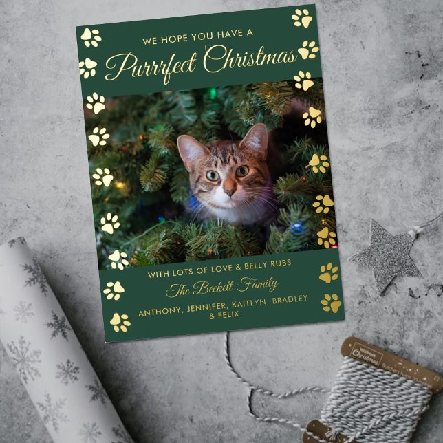 Postal Festiva Con Relieve Metalizado Purrrfect Christmas | Cat Photo Real (Subido por el creador)