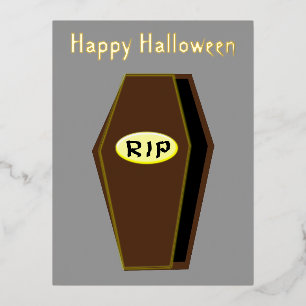 Postal Festiva Con Relieve Metalizado QEPD Personalizado del ataúd de Halloween
